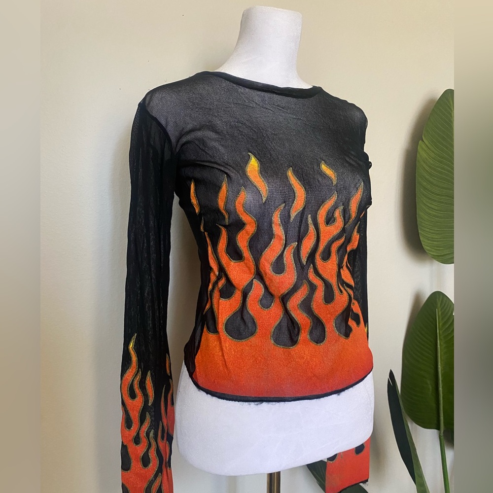 90s SERIOUS black flame fire long sleeve mesh top